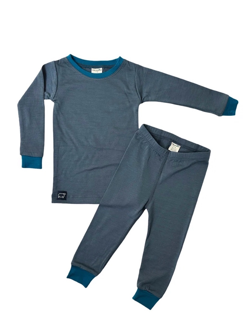 100% Merino Wool Kids Long-Sleeve Crewneck Top and Pants Base Layer- Slate Blue
